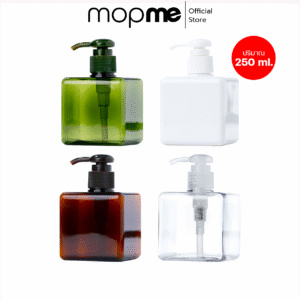 ขวดปั้มของเหลว 4 เหลี่ยม ทรงเตี้ย 250 ml. สีเขียว น้ำตาล ขาว ใส